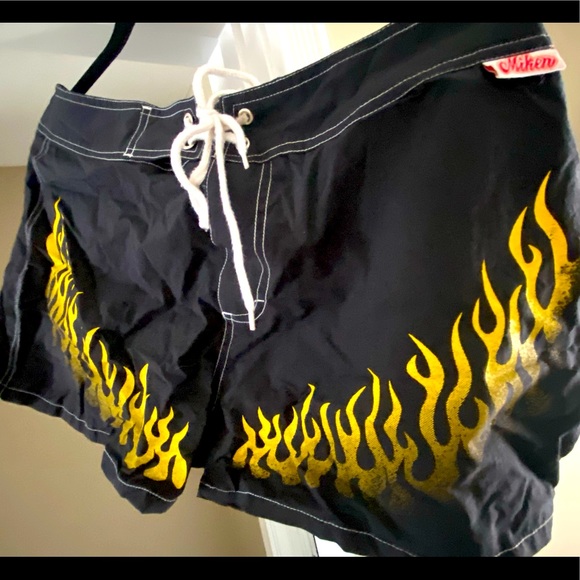Rare Miken Black With Flames Vintage Surf Board Swim Shorts Cover Up Velcro Tie